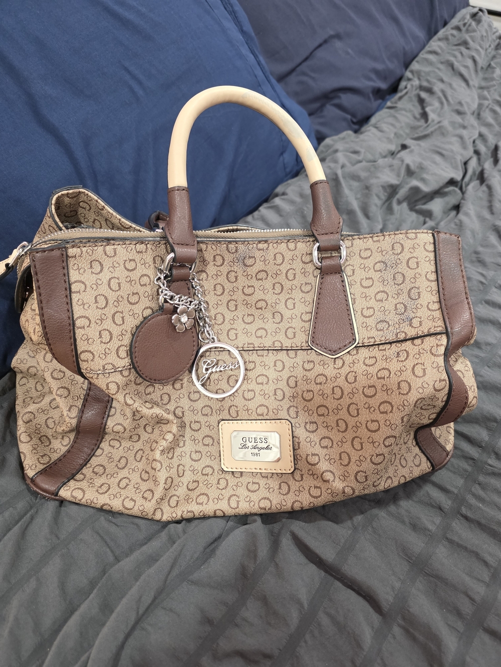 GUESS Brown Signature Tote Bag with Charm